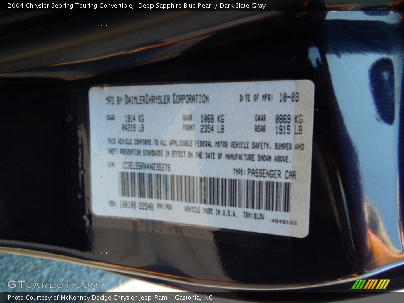 Deep Sapphire Blue Pearl / Dark Slate Gray 2004 Chrysler Sebring Touring Convertible