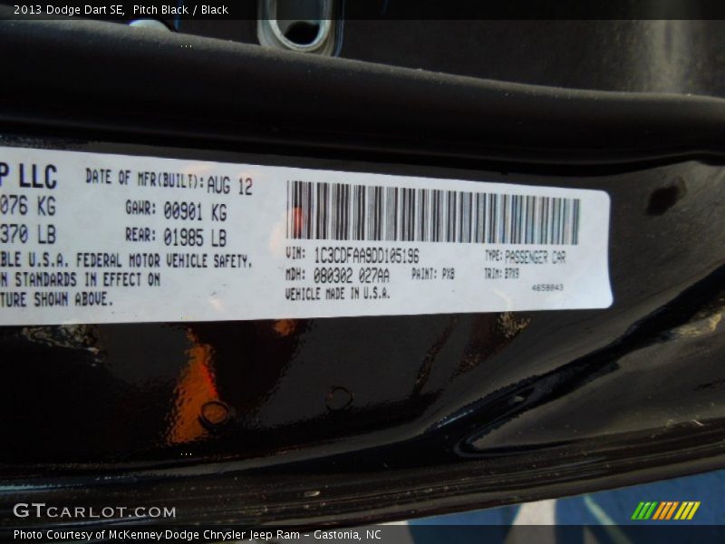 2013 Dart SE Pitch Black Color Code PX8