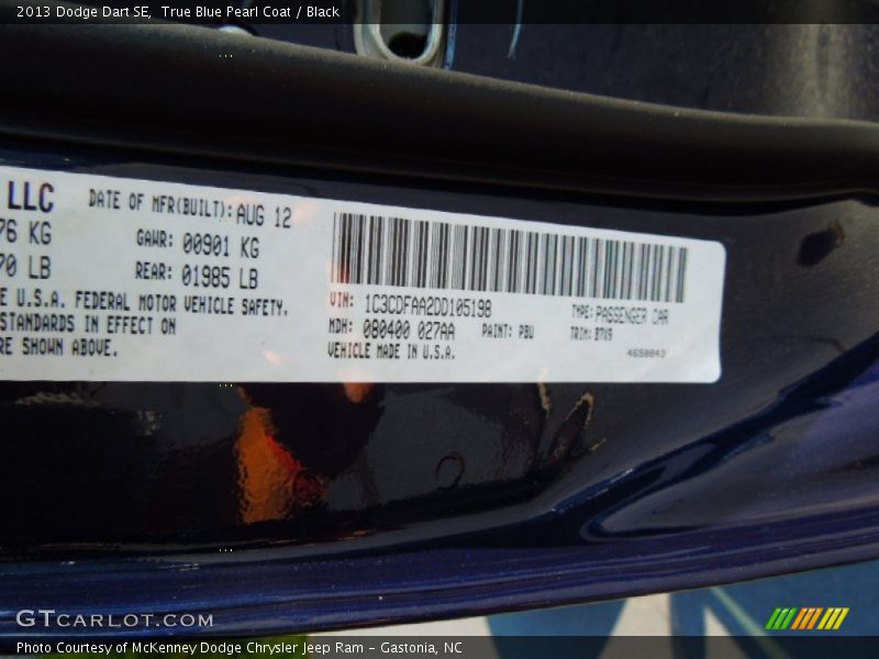 2013 Dart SE True Blue Pearl Coat Color Code PBU