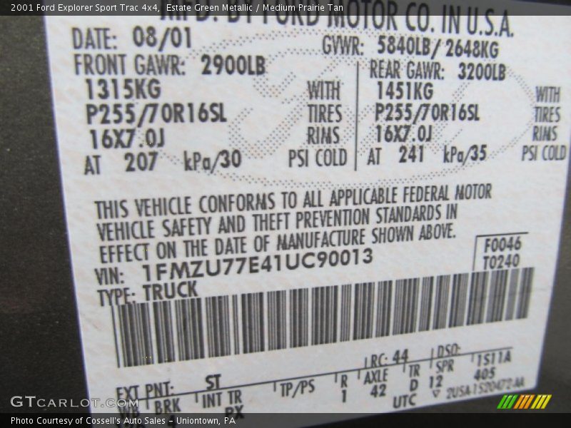 Estate Green Metallic / Medium Prairie Tan 2001 Ford Explorer Sport Trac 4x4