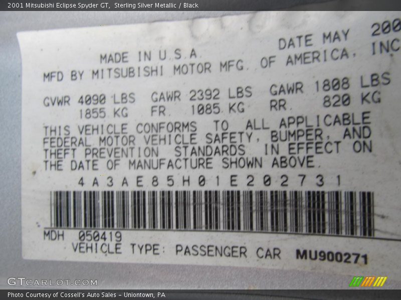 Sterling Silver Metallic / Black 2001 Mitsubishi Eclipse Spyder GT