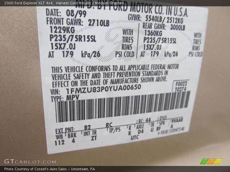 2000 Explorer XLT 4x4 Harvest Gold Metallic Color Code B2