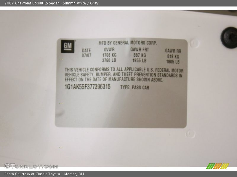 Summit White / Gray 2007 Chevrolet Cobalt LS Sedan