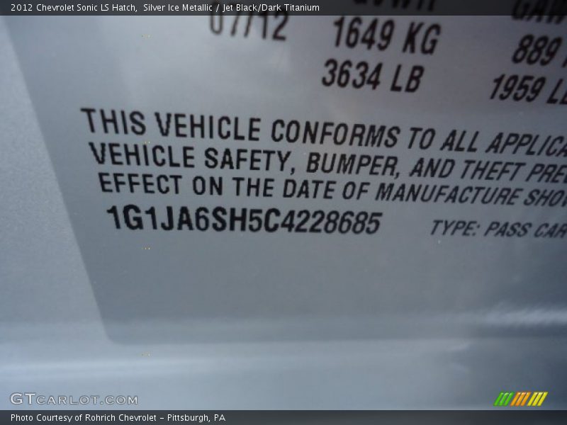 Silver Ice Metallic / Jet Black/Dark Titanium 2012 Chevrolet Sonic LS Hatch