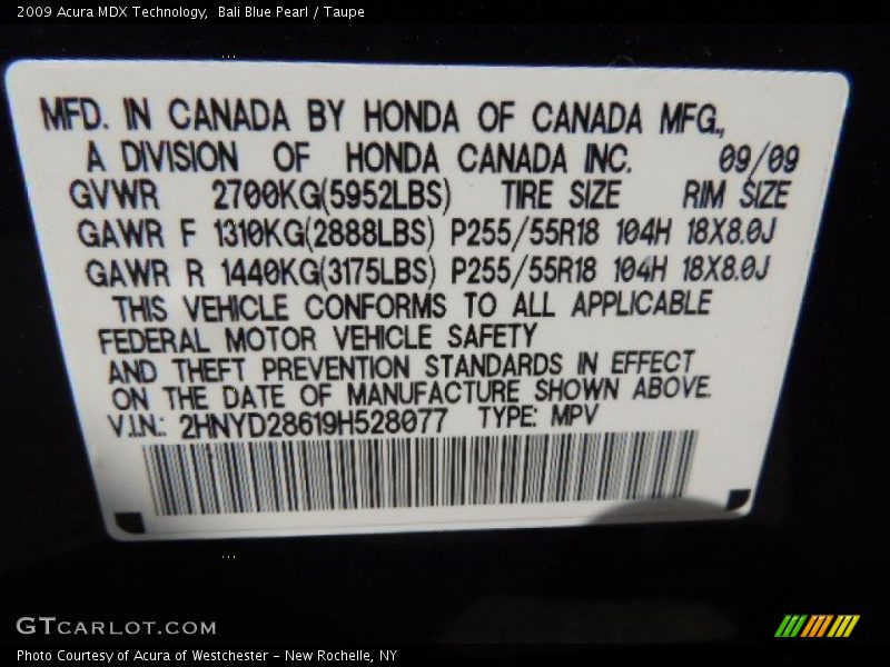 Bali Blue Pearl / Taupe 2009 Acura MDX Technology