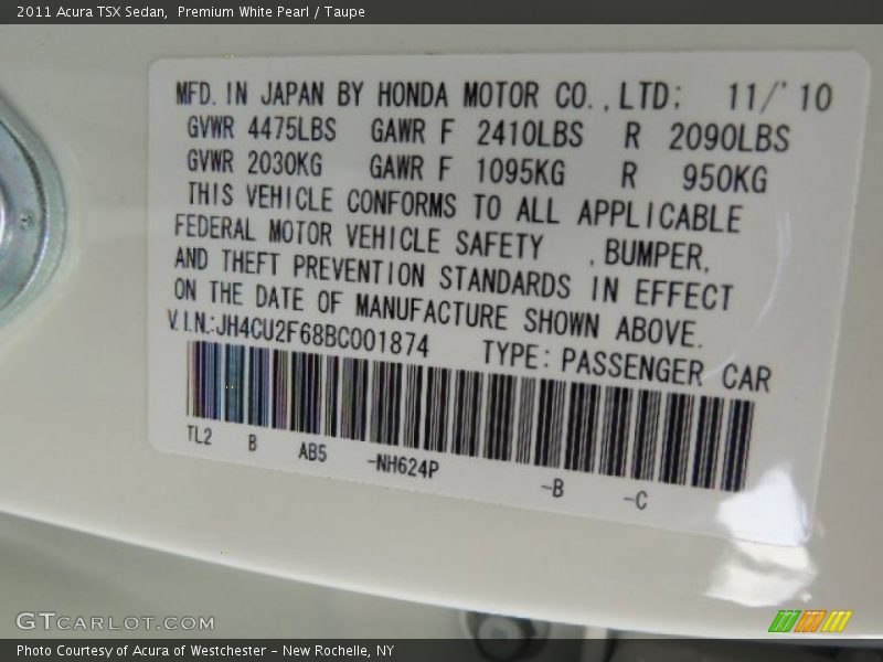 Premium White Pearl / Taupe 2011 Acura TSX Sedan
