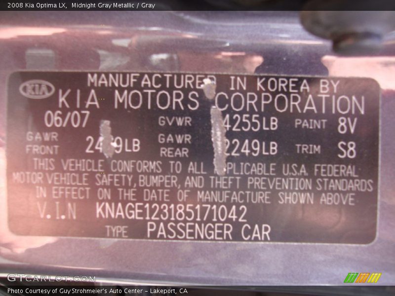 Midnight Gray Metallic / Gray 2008 Kia Optima LX