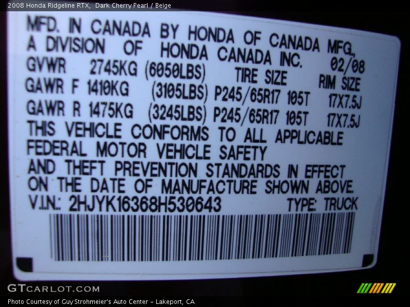 Dark Cherry Pearl / Beige 2008 Honda Ridgeline RTX