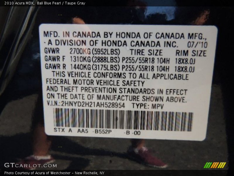 Bali Blue Pearl / Taupe Gray 2010 Acura MDX