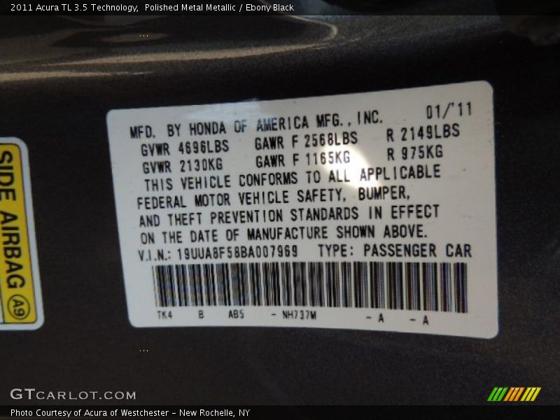 Polished Metal Metallic / Ebony Black 2011 Acura TL 3.5 Technology