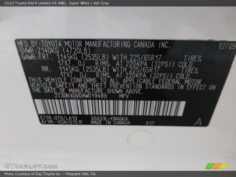 Super White / Ash Gray 2010 Toyota RAV4 Limited V6 4WD