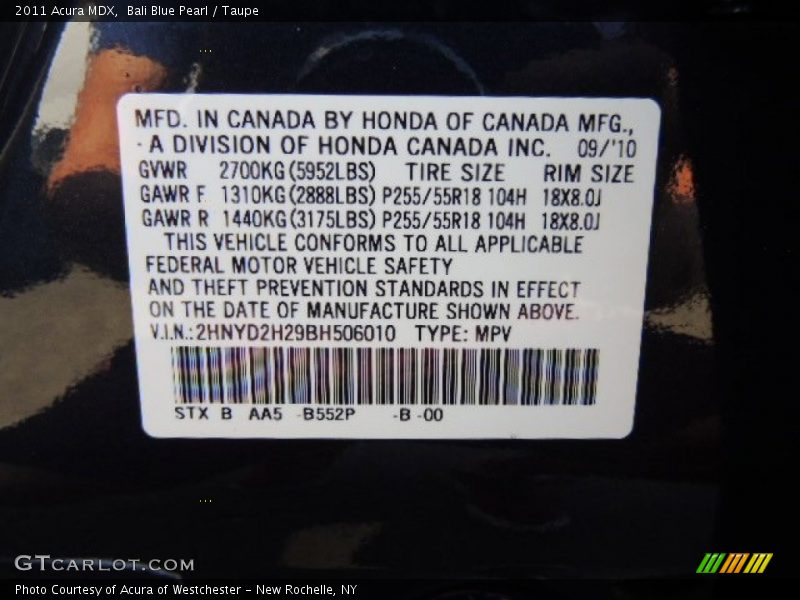 2011 MDX  Bali Blue Pearl Color Code B552P