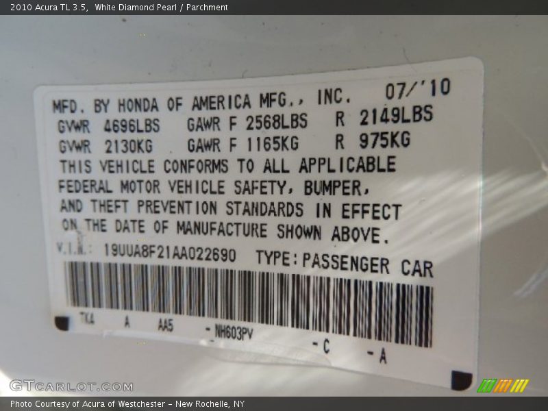 White Diamond Pearl / Parchment 2010 Acura TL 3.5