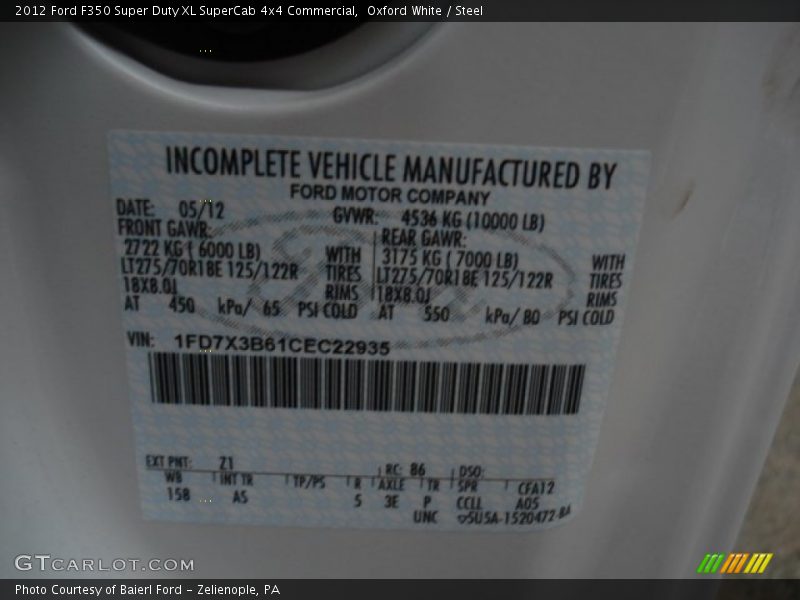 2012 F350 Super Duty XL SuperCab 4x4 Commercial Oxford White Color Code Z1