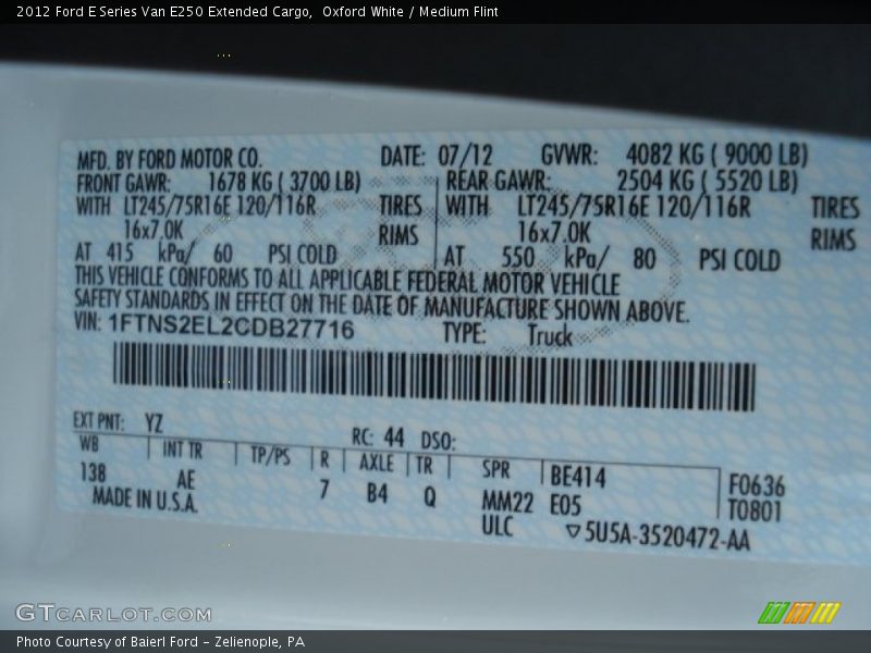 2012 E Series Van E250 Extended Cargo Oxford White Color Code YZ