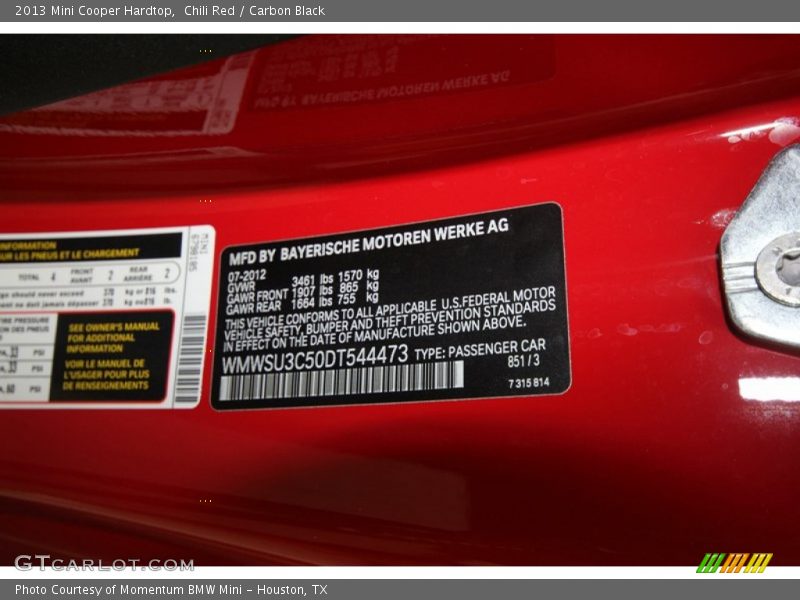 Chili Red / Carbon Black 2013 Mini Cooper Hardtop