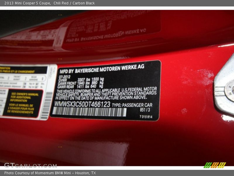 2013 Cooper S Coupe Chili Red Color Code 851