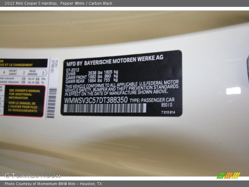 Pepper White / Carbon Black 2013 Mini Cooper S Hardtop