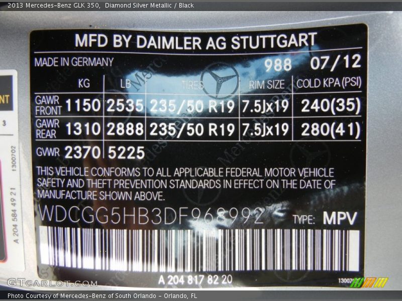 2013 GLK 350 Diamond Silver Metallic Color Code 988