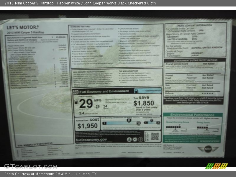Pepper White / John Cooper Works Black Checkered Cloth 2013 Mini Cooper S Hardtop