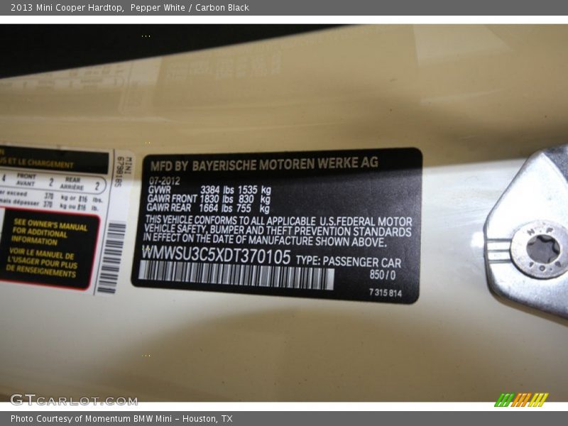 Pepper White / Carbon Black 2013 Mini Cooper Hardtop