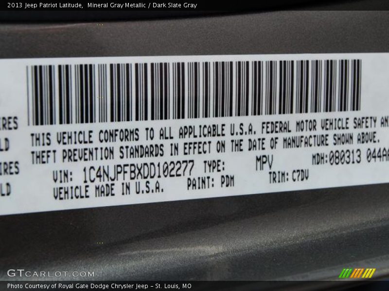 2013 Patriot Latitude Mineral Gray Metallic Color Code PDM
