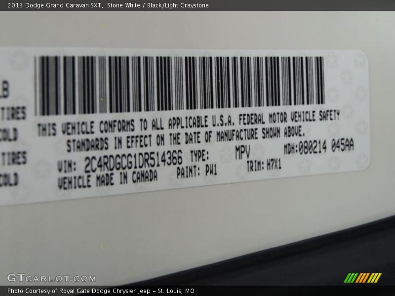 2013 Grand Caravan SXT Stone White Color Code PW1