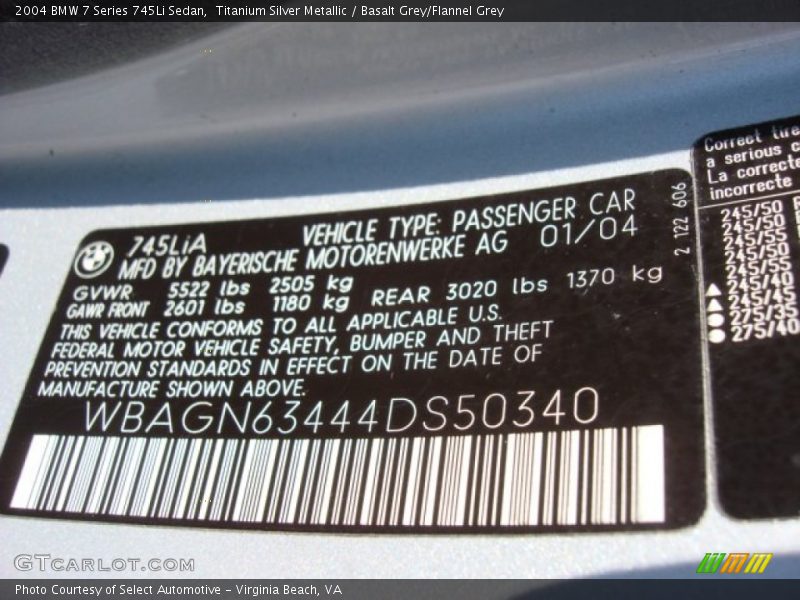 Info Tag of 2004 7 Series 745Li Sedan