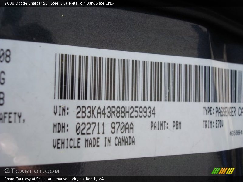 2008 Charger SE Steel Blue Metallic Color Code PBM