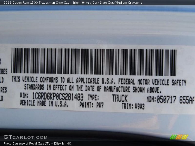2012 Ram 1500 Tradesman Crew Cab Bright White Color Code PW7