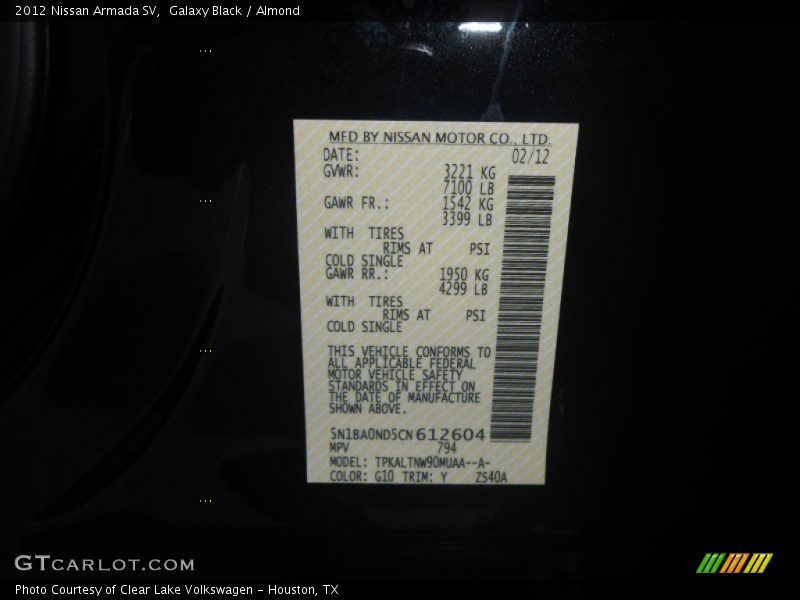 Galaxy Black / Almond 2012 Nissan Armada SV