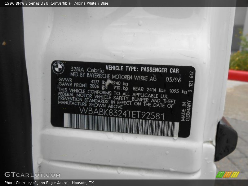 Info Tag of 1996 3 Series 328i Convertible