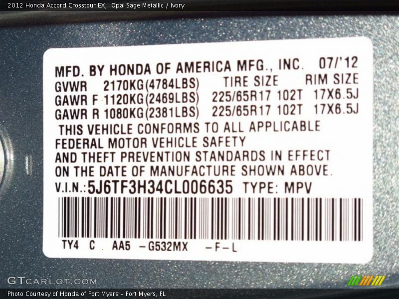 Opal Sage Metallic / Ivory 2012 Honda Accord Crosstour EX