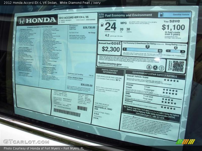 White Diamond Pearl / Ivory 2012 Honda Accord EX-L V6 Sedan