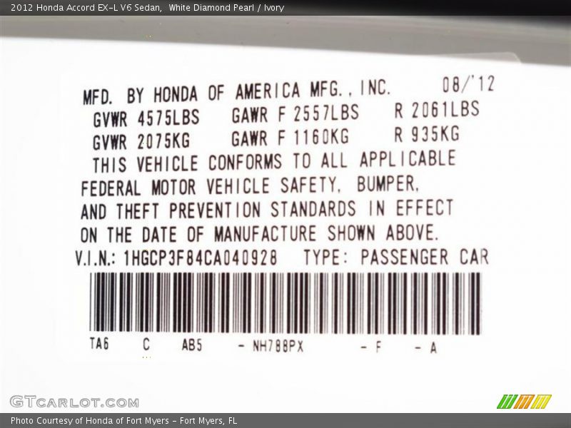 White Diamond Pearl / Ivory 2012 Honda Accord EX-L V6 Sedan