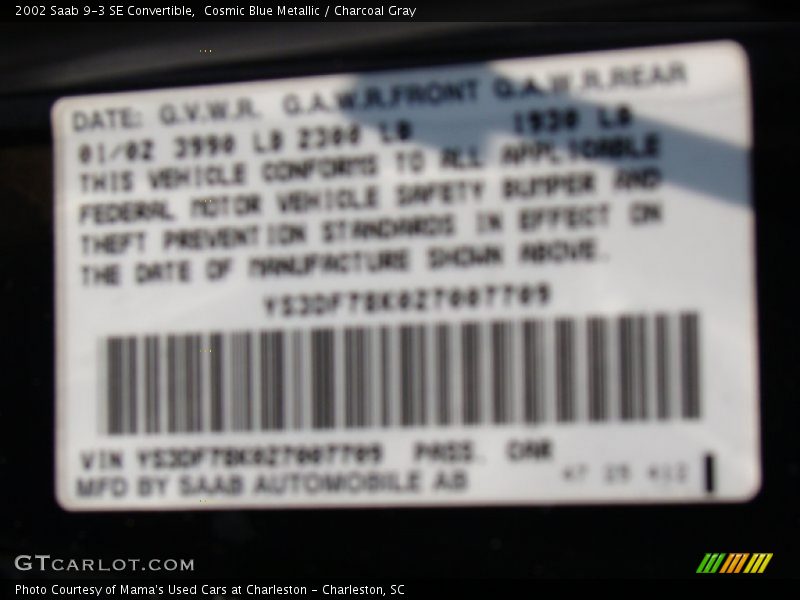 Cosmic Blue Metallic / Charcoal Gray 2002 Saab 9-3 SE Convertible