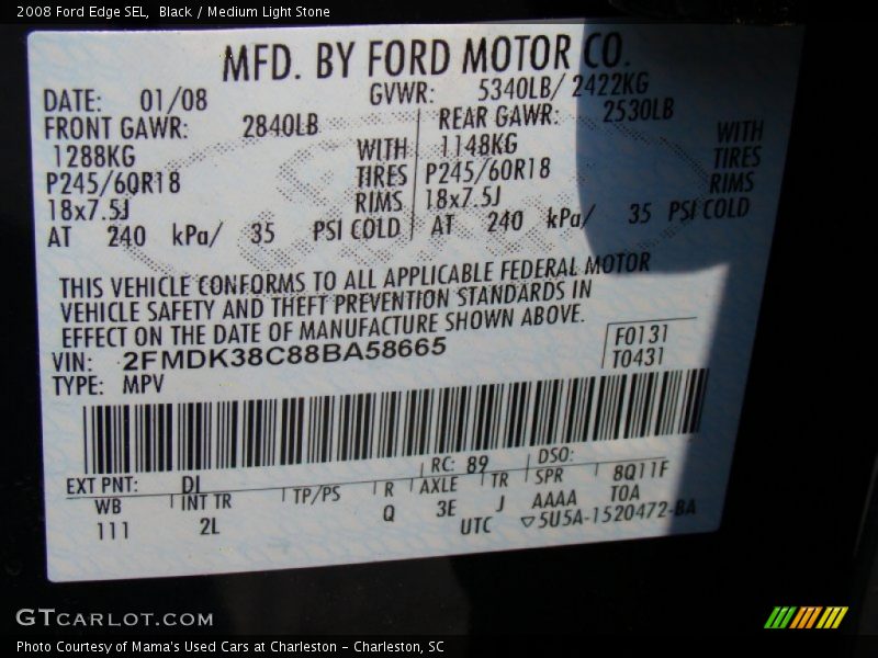 Black / Medium Light Stone 2008 Ford Edge SEL