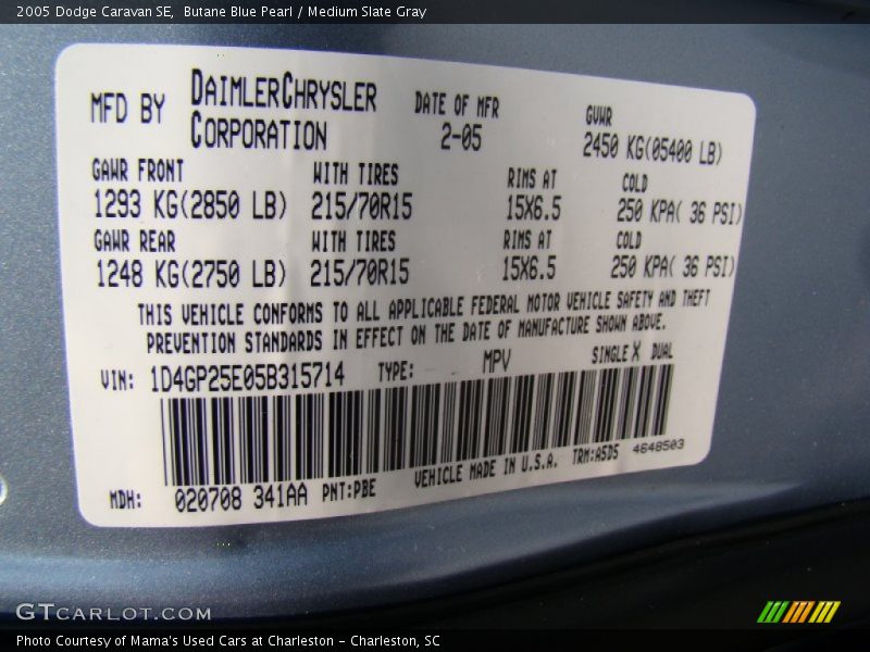 Butane Blue Pearl / Medium Slate Gray 2005 Dodge Caravan SE