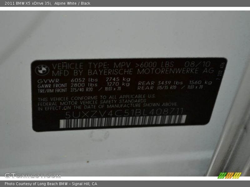 Alpine White / Black 2011 BMW X5 xDrive 35i