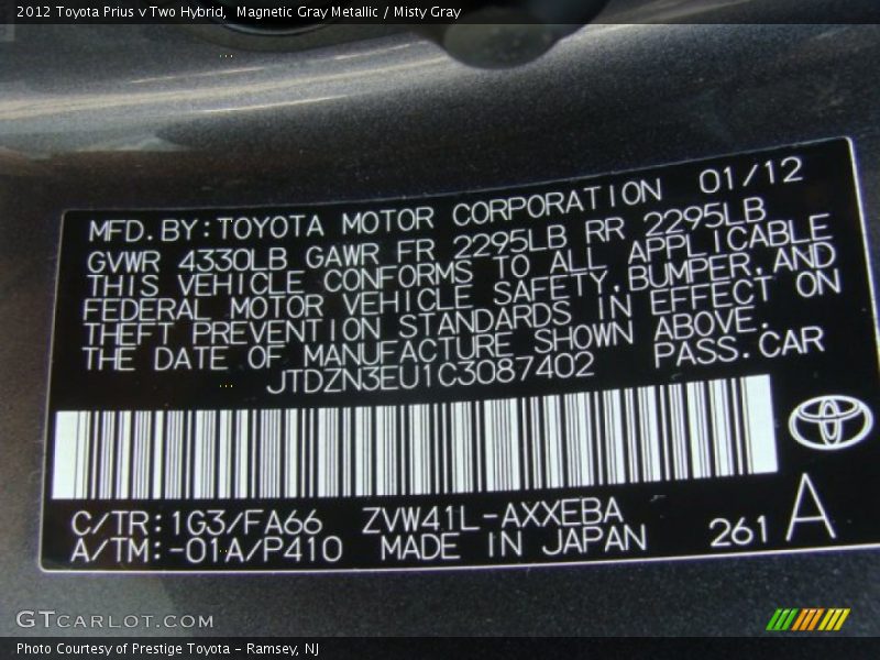 Magnetic Gray Metallic / Misty Gray 2012 Toyota Prius v Two Hybrid