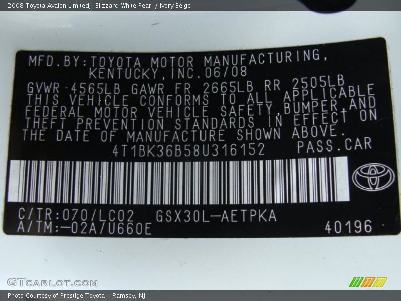 Blizzard White Pearl / Ivory Beige 2008 Toyota Avalon Limited