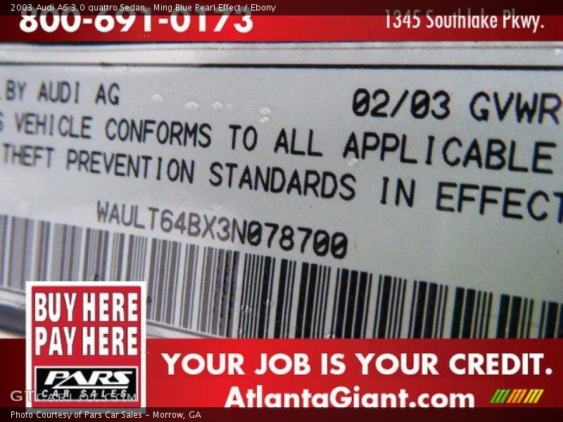 Ming Blue Pearl Effect / Ebony 2003 Audi A6 3.0 quattro Sedan