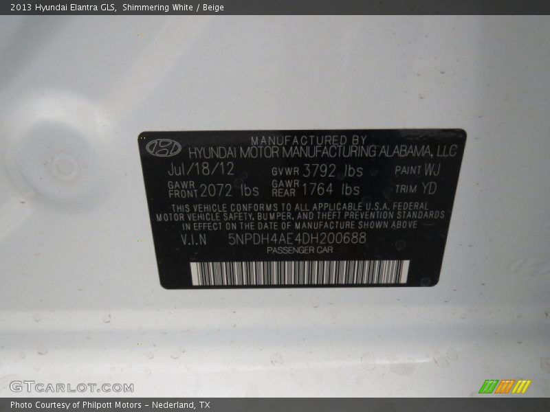 Shimmering White / Beige 2013 Hyundai Elantra GLS
