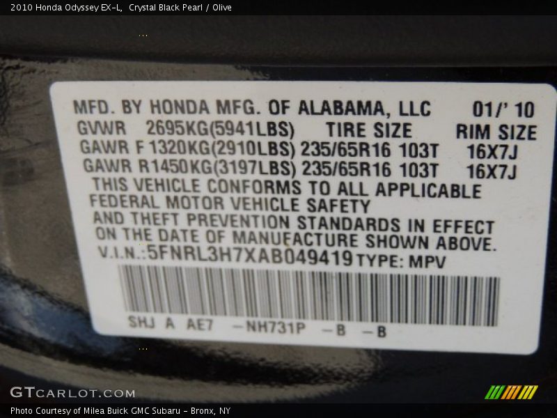 Crystal Black Pearl / Olive 2010 Honda Odyssey EX-L