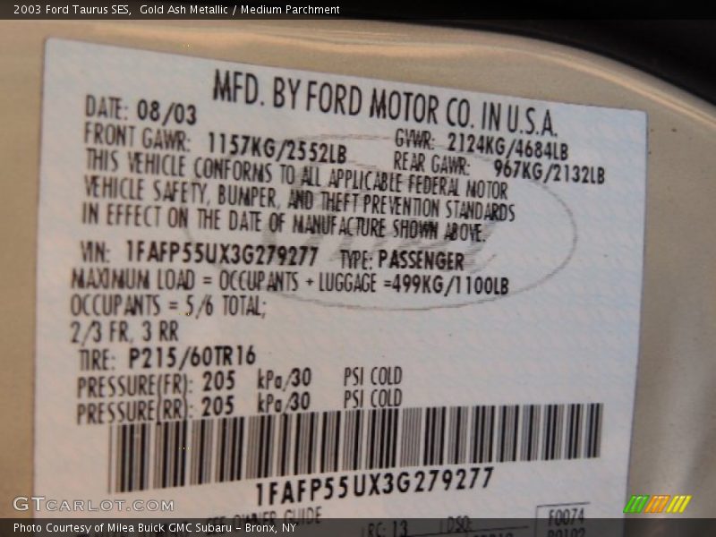 Gold Ash Metallic / Medium Parchment 2003 Ford Taurus SES