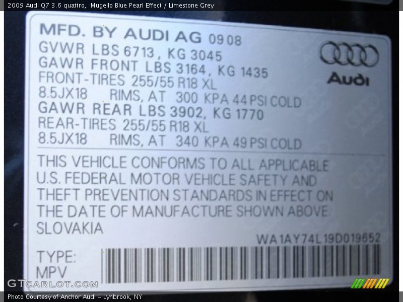Mugello Blue Pearl Effect / Limestone Grey 2009 Audi Q7 3.6 quattro