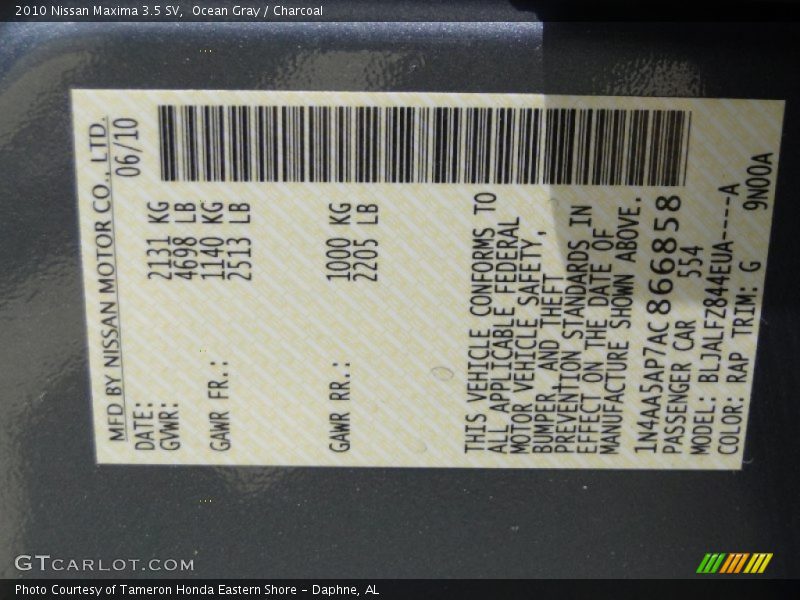 Ocean Gray / Charcoal 2010 Nissan Maxima 3.5 SV