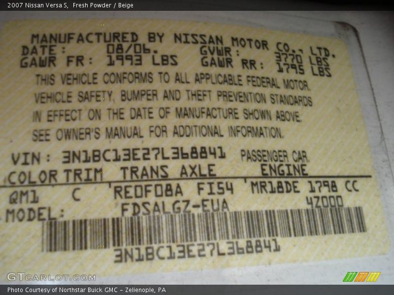 Fresh Powder / Beige 2007 Nissan Versa S