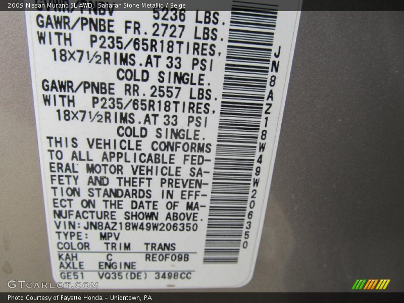 Saharan Stone Metallic / Beige 2009 Nissan Murano SL AWD