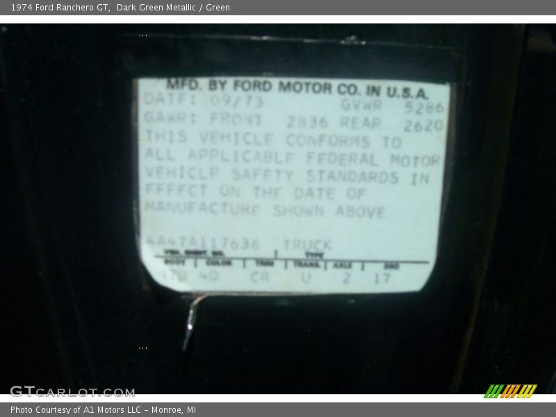 1974 Ranchero GT Dark Green Metallic Color Code 4Q